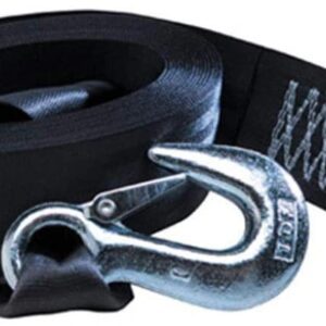 Close-up of a black tow strap with a metal hook.