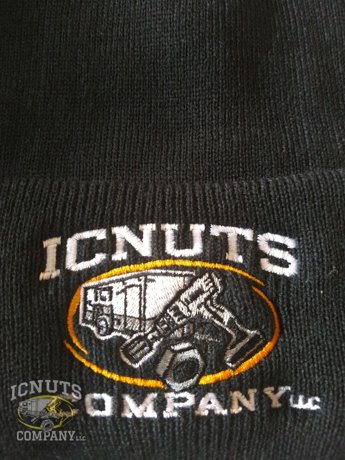 Embroidered ICNUTS logo on a black stocking cap
